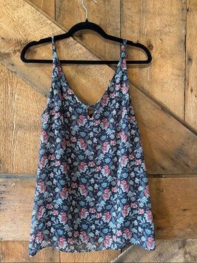 CAbi Floral V-Neck Sleeveless Tank - Navy with Red & Light Blue Flowers